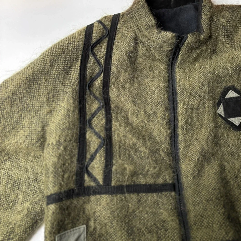 Vintage 80s‎ Canadian Green Wool Mohair Artistic Bohemian Funky Appliqué Coat - Picture 8 of 12
